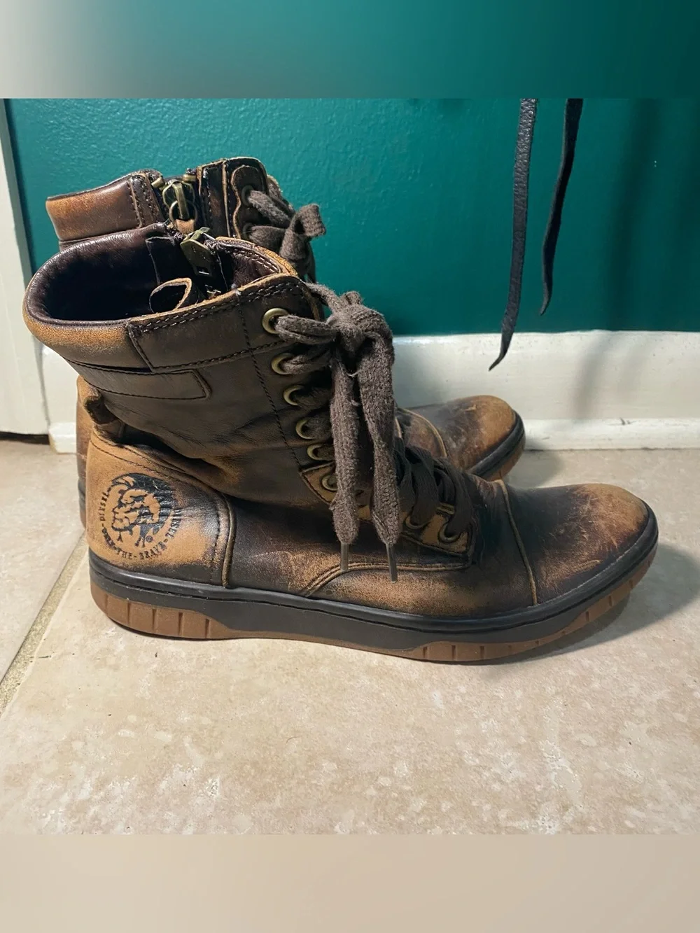 Diesel distressed genuine leather lace up ankle boots
